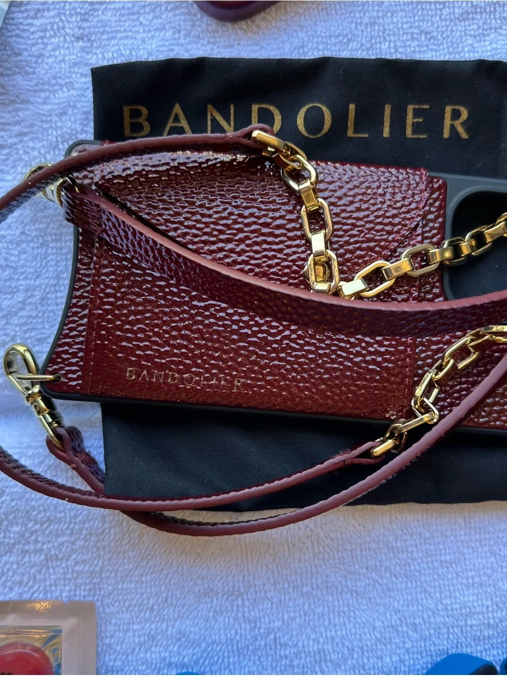 Bandolier Textured Leather Phone Case w/ Card Pocket, Strap & Gold Hand Strap